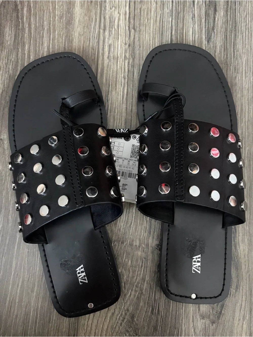 NWT Zara Black Slide Sandals with Silver Studs - Picture 2 of 4